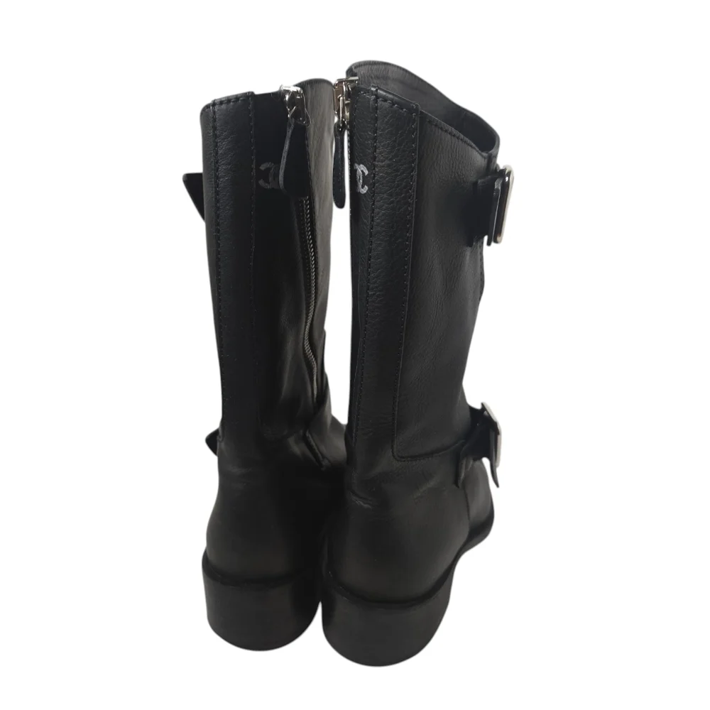 CHANEL - 14B CC Black Leather Buckle Moto Biker Boots - 37